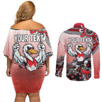 Personalized Sydney Swans Football Mascot Couples Matching Off Shoulder Short Dress and Long Sleeve Button Shirt Aboriginal Dot Art Style Vibrant Indigenous Pattern Design