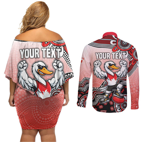 Personalized Sydney Swans Football Mascot Couples Matching Off Shoulder Short Dress and Long Sleeve Button Shirt Aboriginal Dot Art Style Vibrant Indigenous Pattern Design