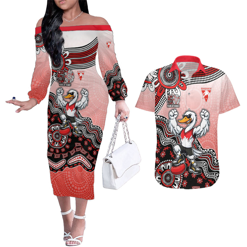 Personalized Sydney Swans Football Mascot Couples Matching Off The Shoulder Long Sleeve Dress and Hawaiian Shirt Aboriginal Dot Art Style Vibrant Indigenous Pattern Design