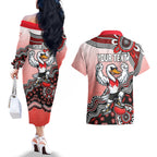 Personalized Sydney Swans Football Mascot Couples Matching Off The Shoulder Long Sleeve Dress and Hawaiian Shirt Aboriginal Dot Art Style Vibrant Indigenous Pattern Design