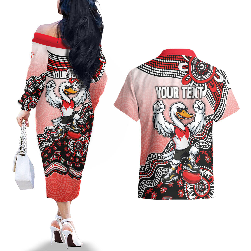 Personalized Sydney Swans Football Mascot Couples Matching Off The Shoulder Long Sleeve Dress and Hawaiian Shirt Aboriginal Dot Art Style Vibrant Indigenous Pattern Design