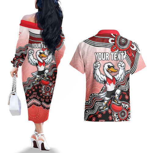 Personalized Sydney Swans Football Mascot Couples Matching Off The Shoulder Long Sleeve Dress and Hawaiian Shirt Aboriginal Dot Art Style Vibrant Indigenous Pattern Design