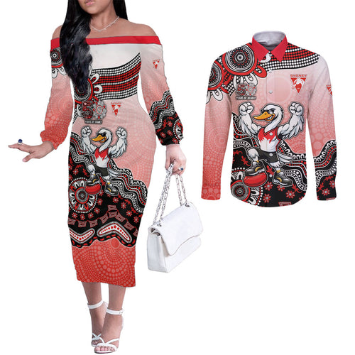 Personalized Sydney Swans Football Mascot Couples Matching Off The Shoulder Long Sleeve Dress and Long Sleeve Button Shirt Aboriginal Dot Art Style Vibrant Indigenous Pattern Design