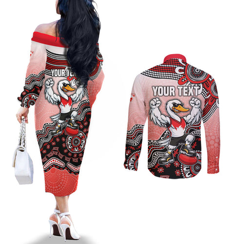Personalized Sydney Swans Football Mascot Couples Matching Off The Shoulder Long Sleeve Dress and Long Sleeve Button Shirt Aboriginal Dot Art Style Vibrant Indigenous Pattern Design