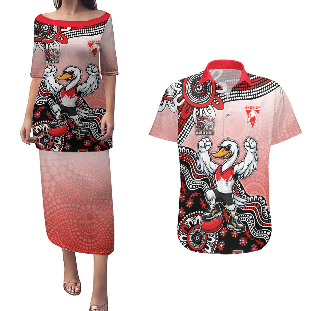 Personalized Sydney Swans Football Mascot Couples Matching Puletasi and Hawaiian Shirt Aboriginal Dot Art Style Vibrant Indigenous Pattern Design