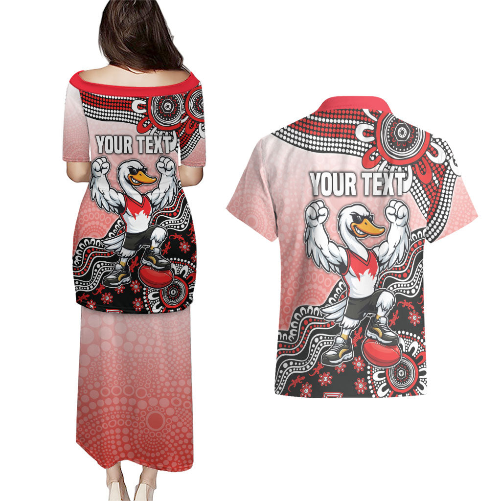 Personalized Sydney Swans Football Mascot Couples Matching Puletasi and Hawaiian Shirt Aboriginal Dot Art Style Vibrant Indigenous Pattern Design