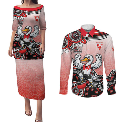 Personalized Sydney Swans Football Mascot Couples Matching Puletasi and Long Sleeve Button Shirt Aboriginal Dot Art Style Vibrant Indigenous Pattern Design