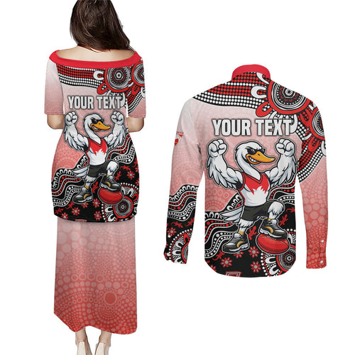 Personalized Sydney Swans Football Mascot Couples Matching Puletasi and Long Sleeve Button Shirt Aboriginal Dot Art Style Vibrant Indigenous Pattern Design