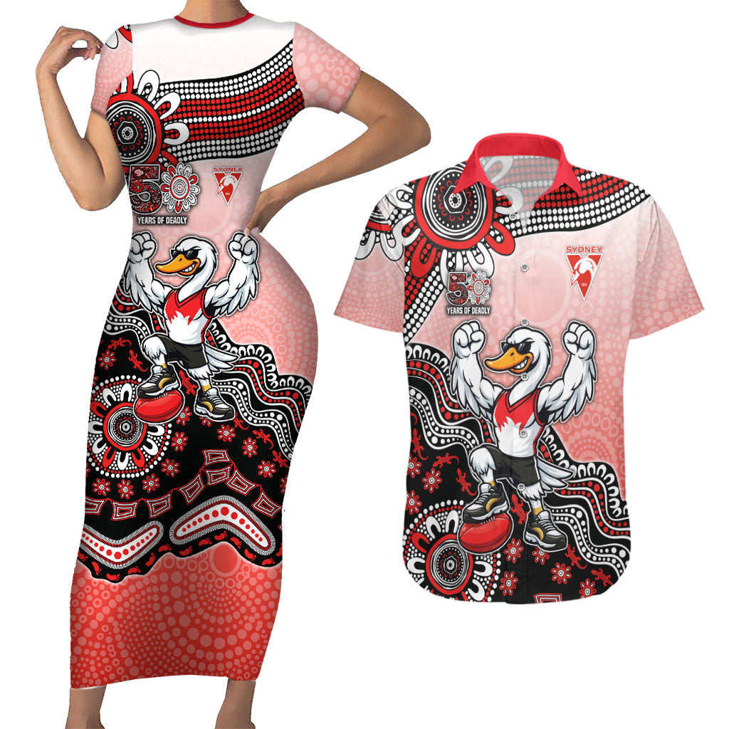 Personalized Sydney Swans Football Mascot Couples Matching Short Sleeve Bodycon Dress and Hawaiian Shirt Aboriginal Dot Art Style Vibrant Indigenous Pattern Design