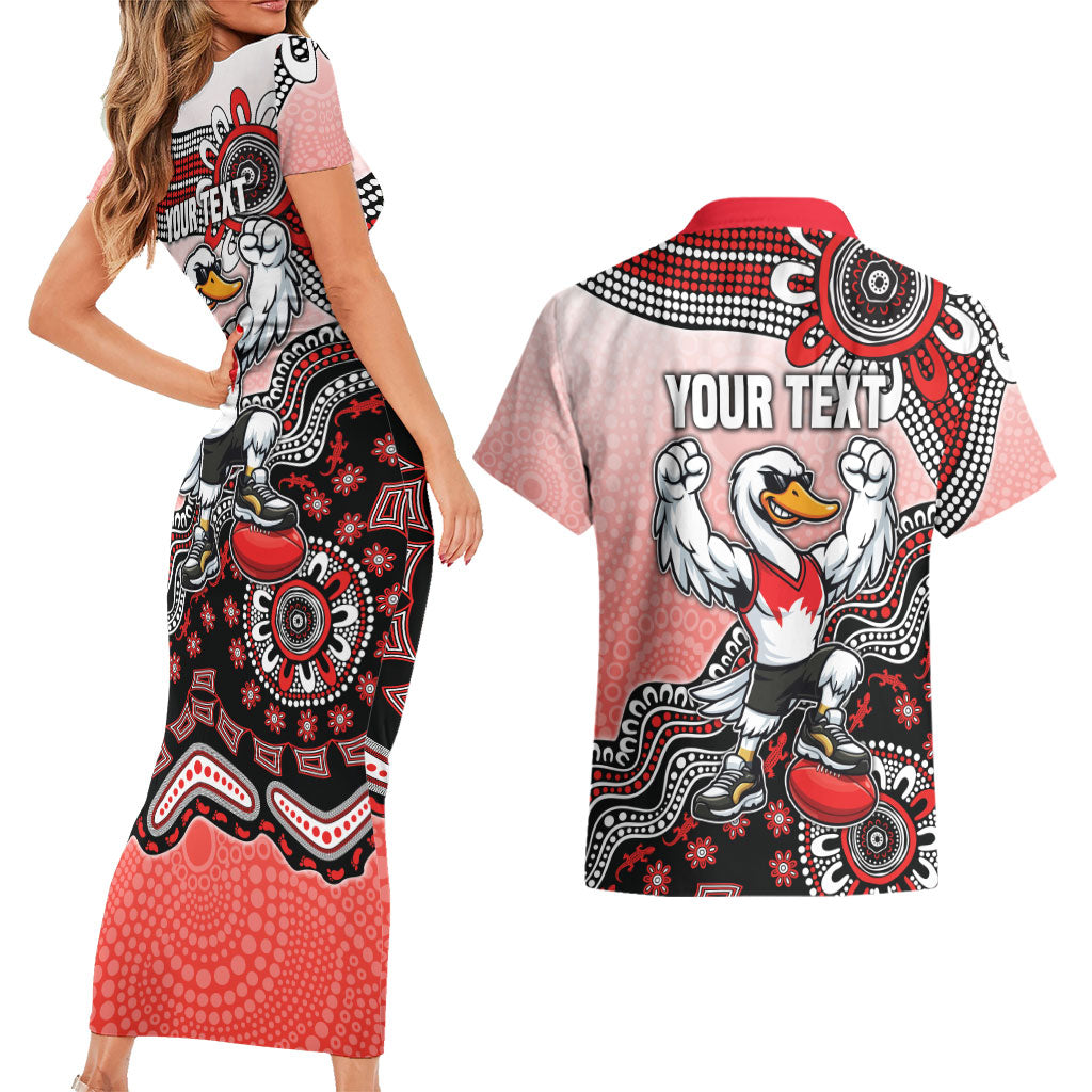 Personalized Sydney Swans Football Mascot Couples Matching Short Sleeve Bodycon Dress and Hawaiian Shirt Aboriginal Dot Art Style Vibrant Indigenous Pattern Design