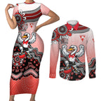 Personalized Sydney Swans Football Mascot Couples Matching Short Sleeve Bodycon Dress and Long Sleeve Button Shirt Aboriginal Dot Art Style Vibrant Indigenous Pattern Design