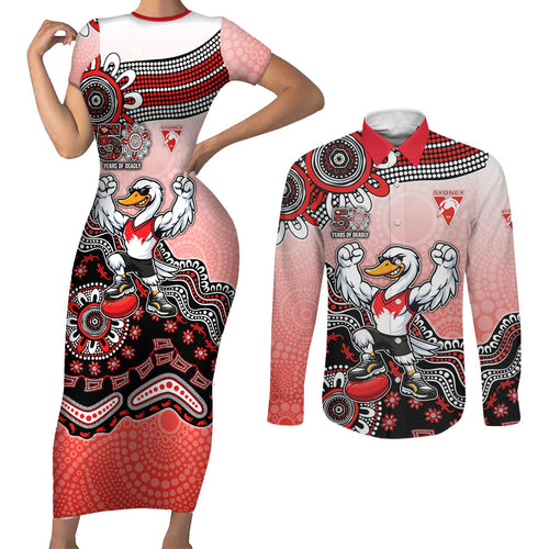 Personalized Sydney Swans Football Mascot Couples Matching Short Sleeve Bodycon Dress and Long Sleeve Button Shirt Aboriginal Dot Art Style Vibrant Indigenous Pattern Design