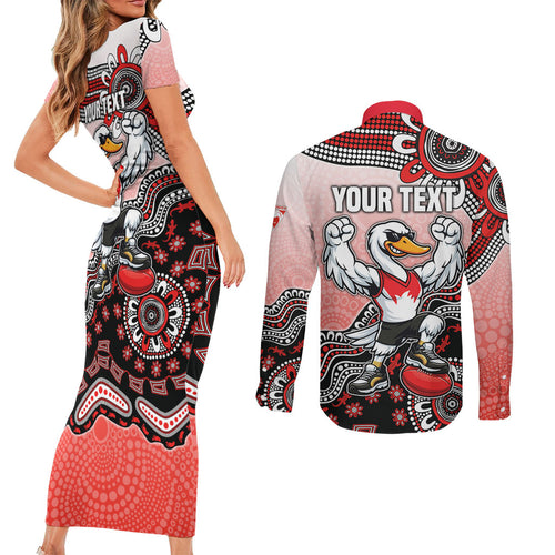 Personalized Sydney Swans Football Mascot Couples Matching Short Sleeve Bodycon Dress and Long Sleeve Button Shirt Aboriginal Dot Art Style Vibrant Indigenous Pattern Design
