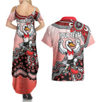 Personalized Sydney Swans Football Mascot Couples Matching Summer Maxi Dress and Hawaiian Shirt Aboriginal Dot Art Style Vibrant Indigenous Pattern Design