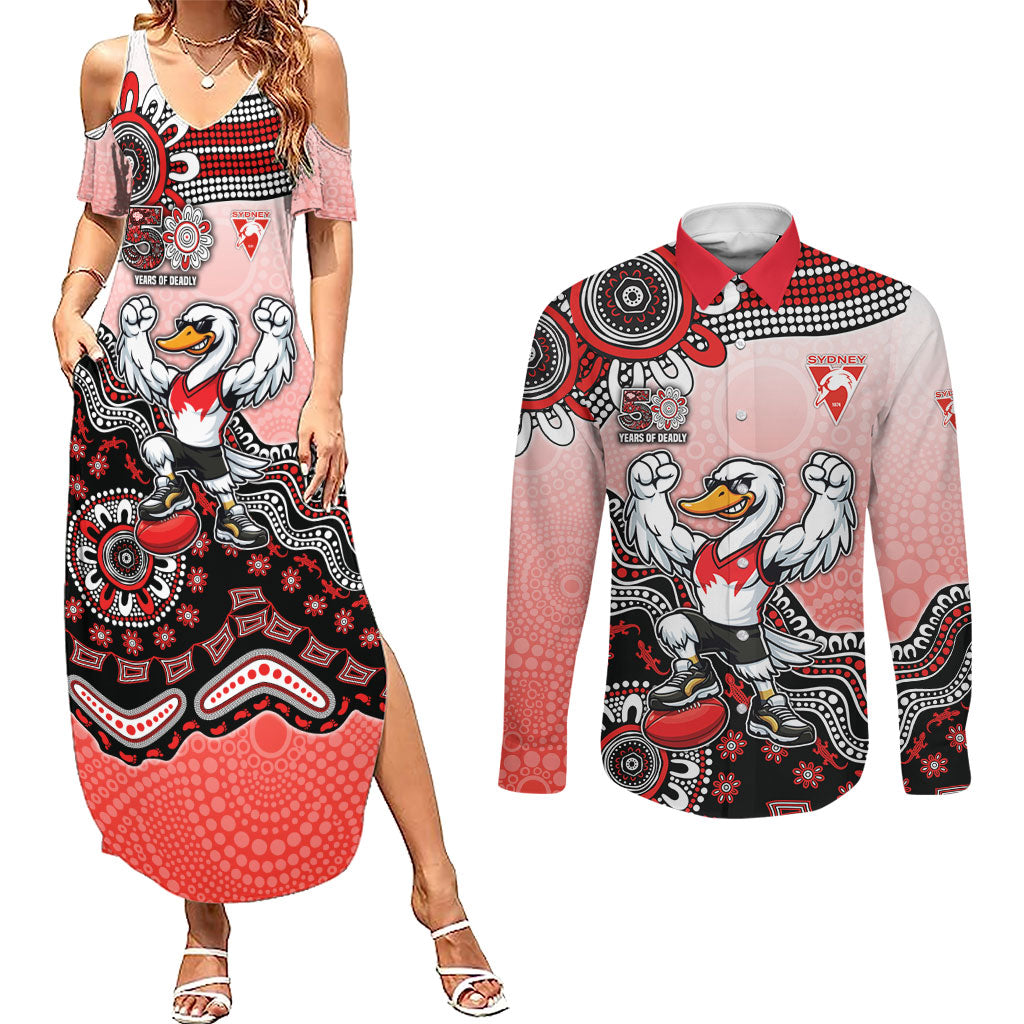 Personalized Sydney Swans Football Mascot Couples Matching Summer Maxi Dress and Long Sleeve Button Shirt Aboriginal Dot Art Style Vibrant Indigenous Pattern Design