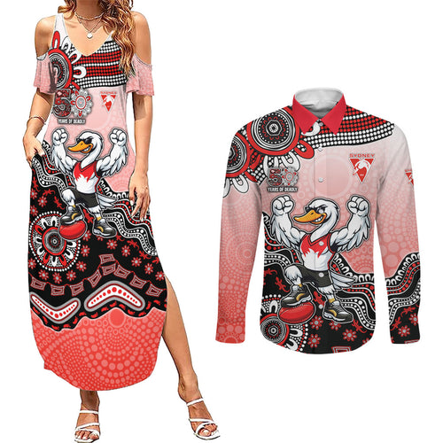Personalized Sydney Swans Football Mascot Couples Matching Summer Maxi Dress and Long Sleeve Button Shirt Aboriginal Dot Art Style Vibrant Indigenous Pattern Design