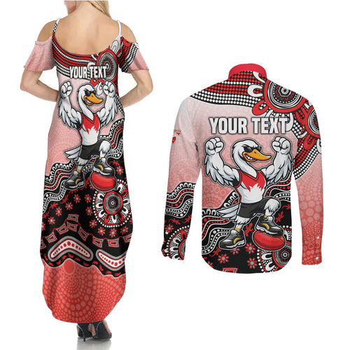 Personalized Sydney Swans Football Mascot Couples Matching Summer Maxi Dress and Long Sleeve Button Shirt Aboriginal Dot Art Style Vibrant Indigenous Pattern Design