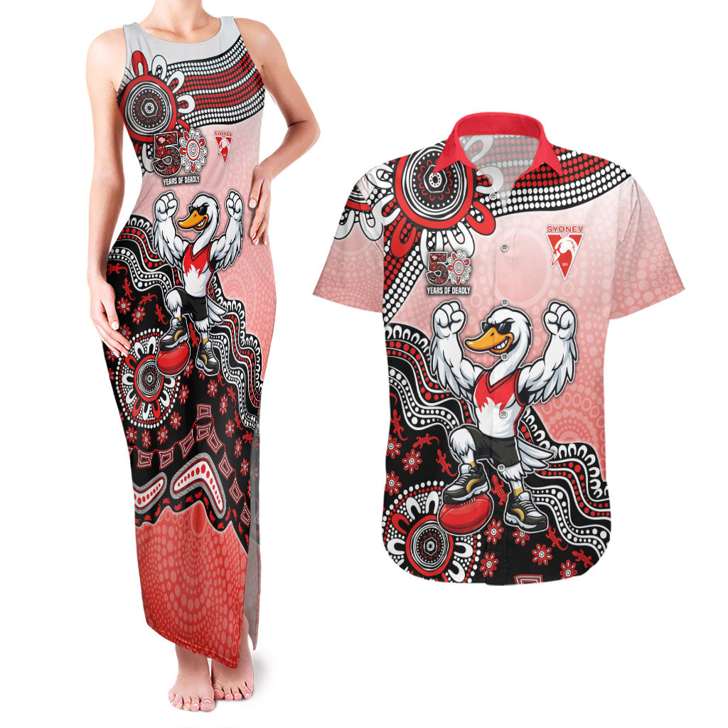 Personalized Sydney Swans Football Mascot Couples Matching Tank Maxi Dress and Hawaiian Shirt Aboriginal Dot Art Style Vibrant Indigenous Pattern Design