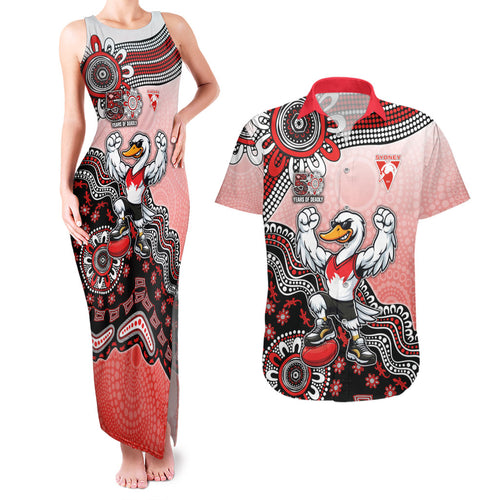 Personalized Sydney Swans Football Mascot Couples Matching Tank Maxi Dress and Hawaiian Shirt Aboriginal Dot Art Style Vibrant Indigenous Pattern Design