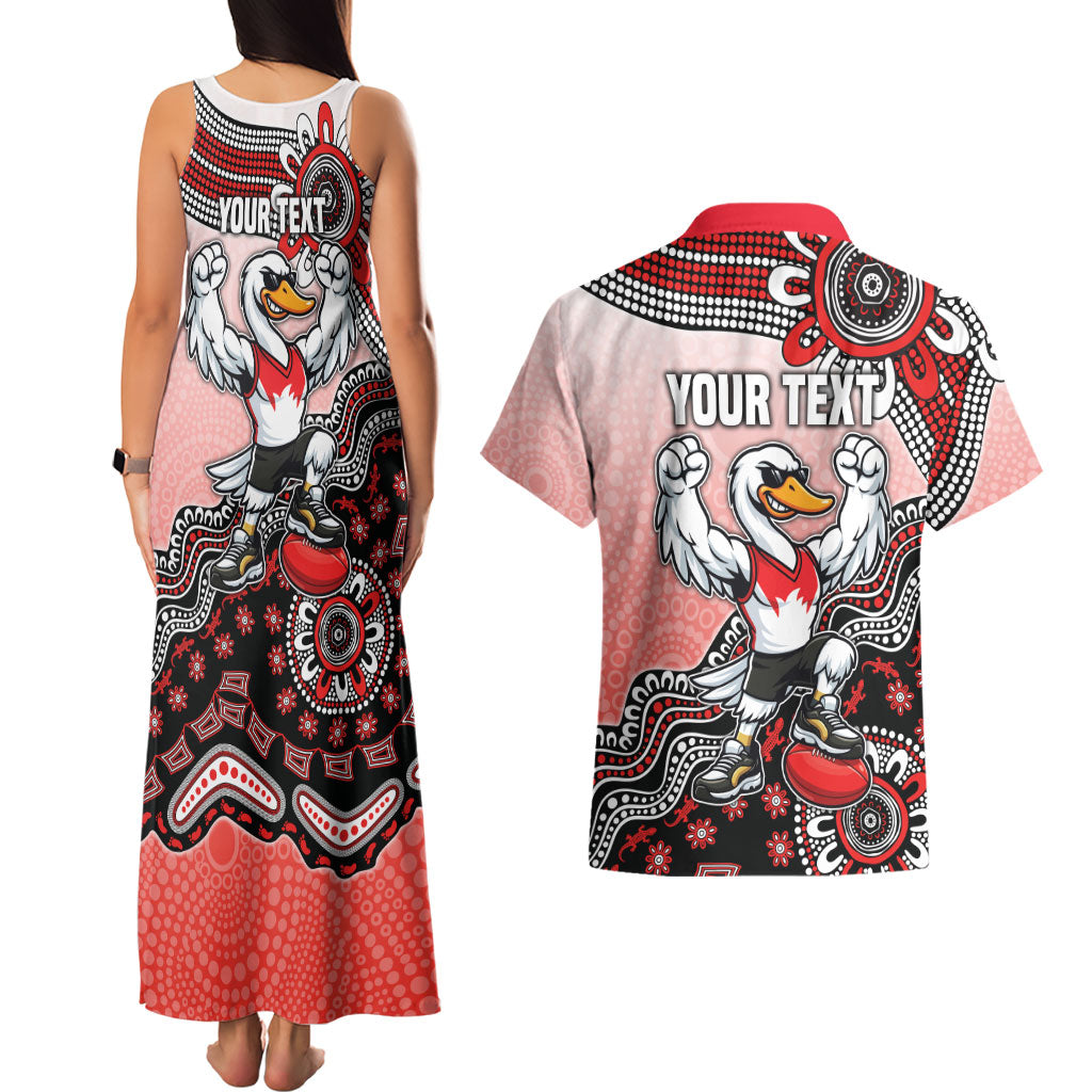 Personalized Sydney Swans Football Mascot Couples Matching Tank Maxi Dress and Hawaiian Shirt Aboriginal Dot Art Style Vibrant Indigenous Pattern Design