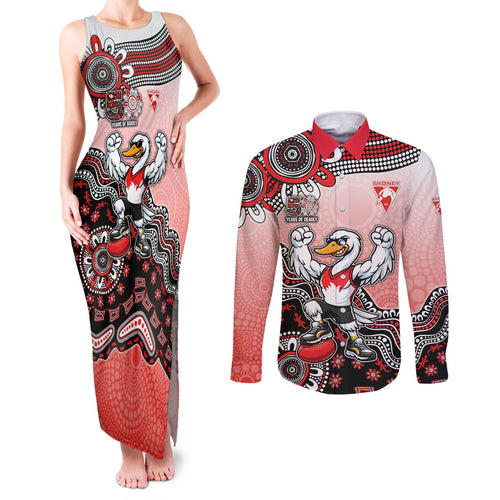 Personalized Sydney Swans Football Mascot Couples Matching Tank Maxi Dress and Long Sleeve Button Shirt Aboriginal Dot Art Style Vibrant Indigenous Pattern Design
