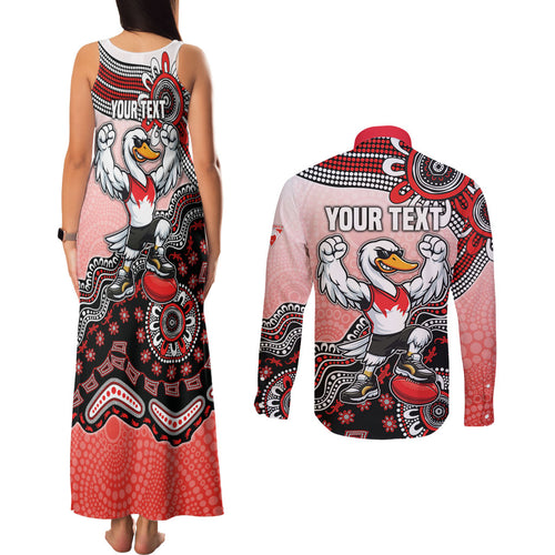 Personalized Sydney Swans Football Mascot Couples Matching Tank Maxi Dress and Long Sleeve Button Shirt Aboriginal Dot Art Style Vibrant Indigenous Pattern Design