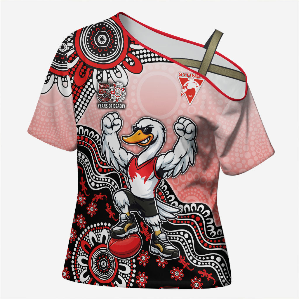 Personalized Sydney Swans Football Mascot Cross Shoulder Shirt Aboriginal Dot Art Style Vibrant Indigenous Pattern Design