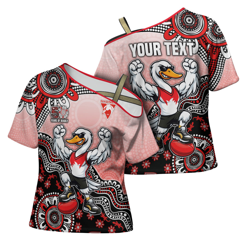 Personalized Sydney Swans Football Mascot Cross Shoulder Shirt Aboriginal Dot Art Style Vibrant Indigenous Pattern Design