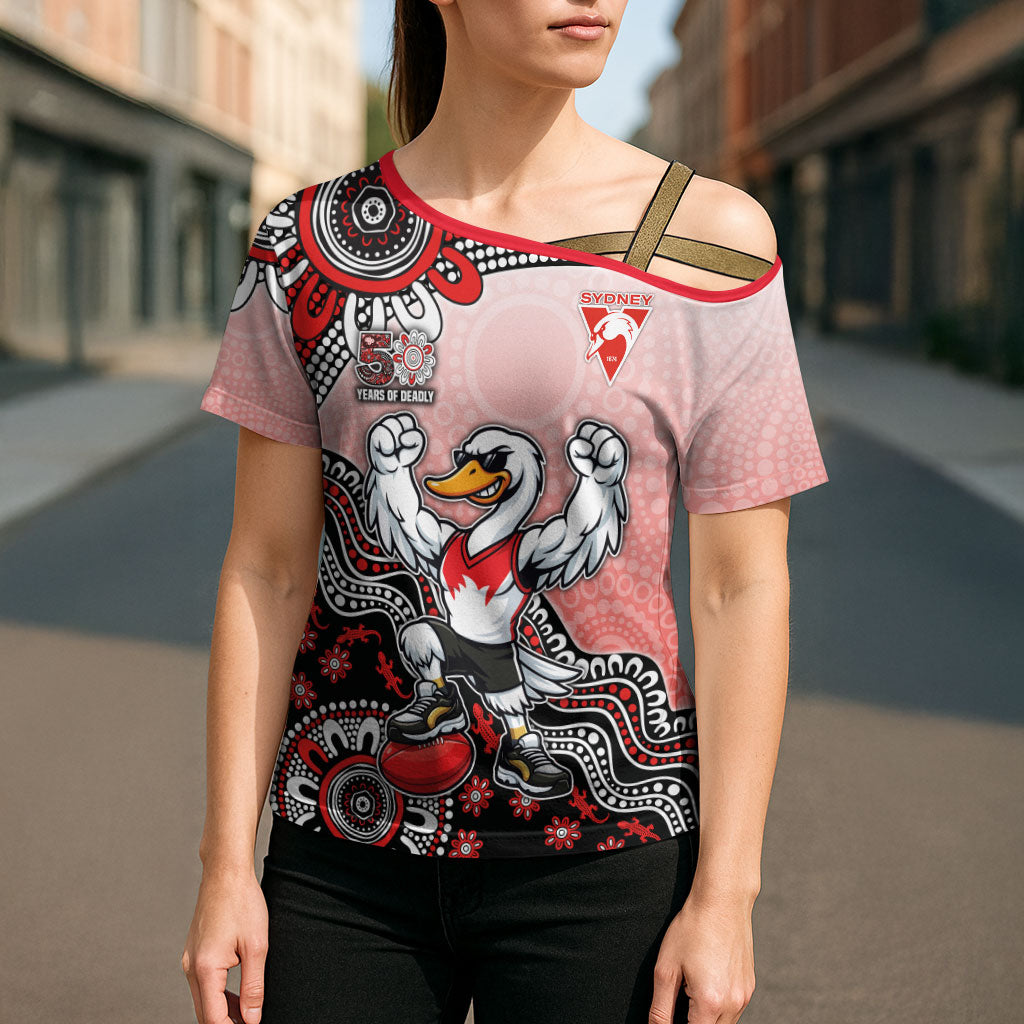 Personalized Sydney Swans Football Mascot Cross Shoulder Shirt Aboriginal Dot Art Style Vibrant Indigenous Pattern Design
