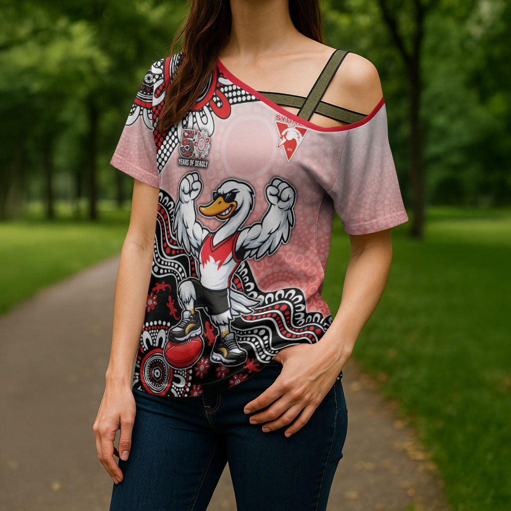 Personalized Sydney Swans Football Mascot Cross Shoulder Shirt Aboriginal Dot Art Style Vibrant Indigenous Pattern Design