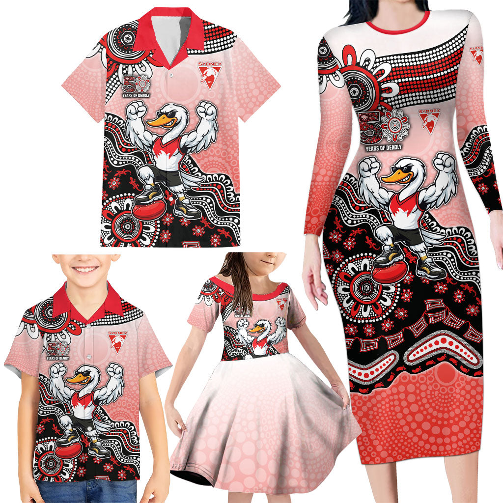 Personalized Sydney Swans Football Mascot Family Matching Long Sleeve Bodycon Dress and Hawaiian Shirt Aboriginal Dot Art Style Vibrant Indigenous Pattern Design