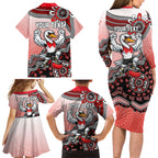 Personalized Sydney Swans Football Mascot Family Matching Long Sleeve Bodycon Dress and Hawaiian Shirt Aboriginal Dot Art Style Vibrant Indigenous Pattern Design