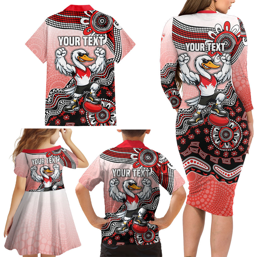 Personalized Sydney Swans Football Mascot Family Matching Long Sleeve Bodycon Dress and Hawaiian Shirt Aboriginal Dot Art Style Vibrant Indigenous Pattern Design