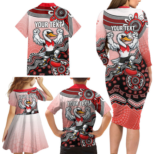 Personalized Sydney Swans Football Mascot Family Matching Long Sleeve Bodycon Dress and Hawaiian Shirt Aboriginal Dot Art Style Vibrant Indigenous Pattern Design