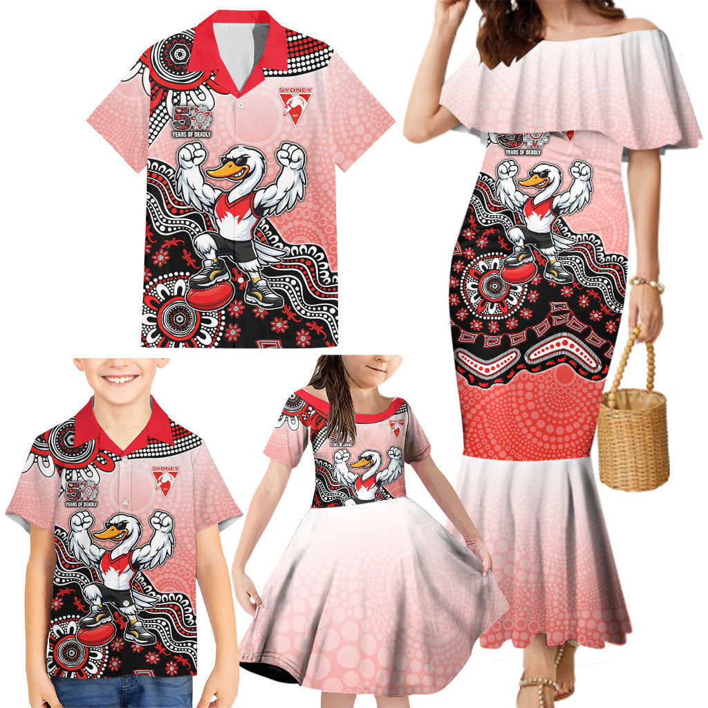 Personalized Sydney Swans Football Mascot Family Matching Mermaid Dress and Hawaiian Shirt Aboriginal Dot Art Style Vibrant Indigenous Pattern Design
