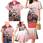Personalized Sydney Swans Football Mascot Family Matching Mermaid Dress and Hawaiian Shirt Aboriginal Dot Art Style Vibrant Indigenous Pattern Design