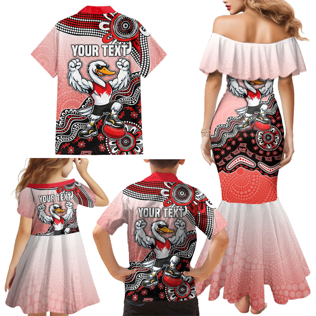 Personalized Sydney Swans Football Mascot Family Matching Mermaid Dress and Hawaiian Shirt Aboriginal Dot Art Style Vibrant Indigenous Pattern Design