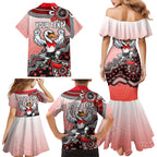 Personalized Sydney Swans Football Mascot Family Matching Mermaid Dress and Hawaiian Shirt Aboriginal Dot Art Style Vibrant Indigenous Pattern Design