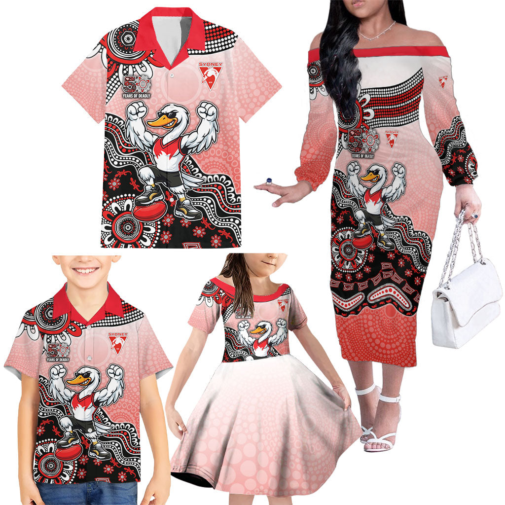 Personalized Sydney Swans Football Mascot Family Matching Off The Shoulder Long Sleeve Dress and Hawaiian Shirt Aboriginal Dot Art Style Vibrant Indigenous Pattern Design