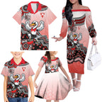 Personalized Sydney Swans Football Mascot Family Matching Off The Shoulder Long Sleeve Dress and Hawaiian Shirt Aboriginal Dot Art Style Vibrant Indigenous Pattern Design