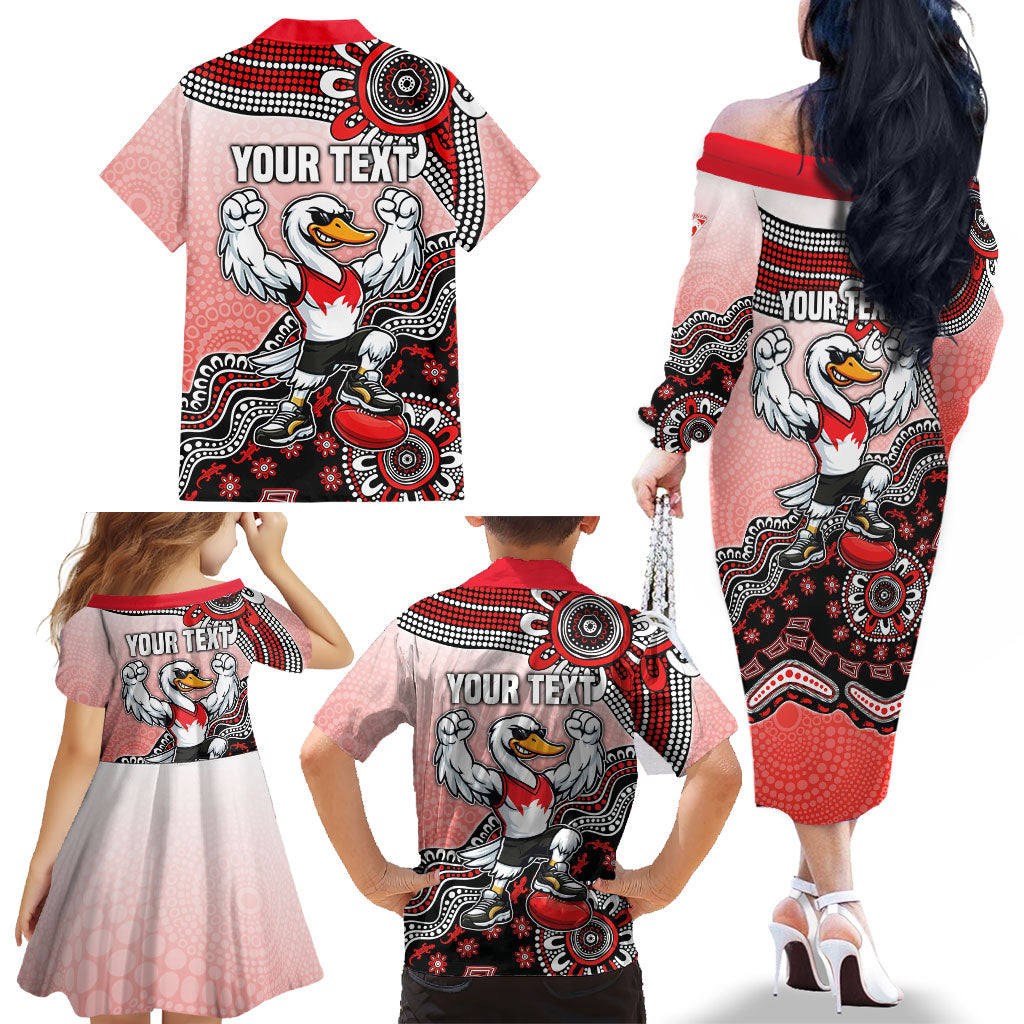 Personalized Sydney Swans Football Mascot Family Matching Off The Shoulder Long Sleeve Dress and Hawaiian Shirt Aboriginal Dot Art Style Vibrant Indigenous Pattern Design