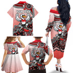 Personalized Sydney Swans Football Mascot Family Matching Off The Shoulder Long Sleeve Dress and Hawaiian Shirt Aboriginal Dot Art Style Vibrant Indigenous Pattern Design
