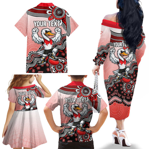 Personalized Sydney Swans Football Mascot Family Matching Off The Shoulder Long Sleeve Dress and Hawaiian Shirt Aboriginal Dot Art Style Vibrant Indigenous Pattern Design