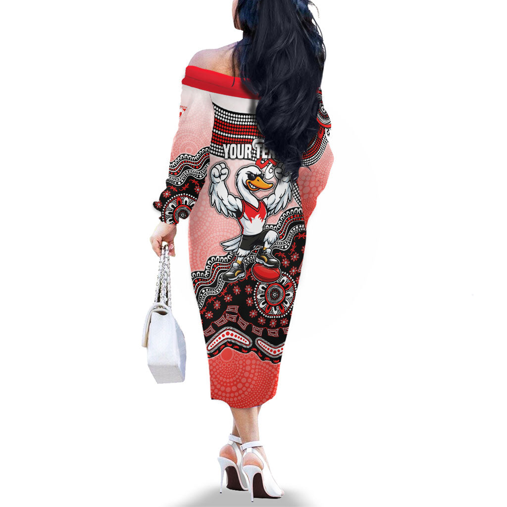 Personalized Sydney Swans Football Mascot Family Matching Off The Shoulder Long Sleeve Dress and Hawaiian Shirt Aboriginal Dot Art Style Vibrant Indigenous Pattern Design