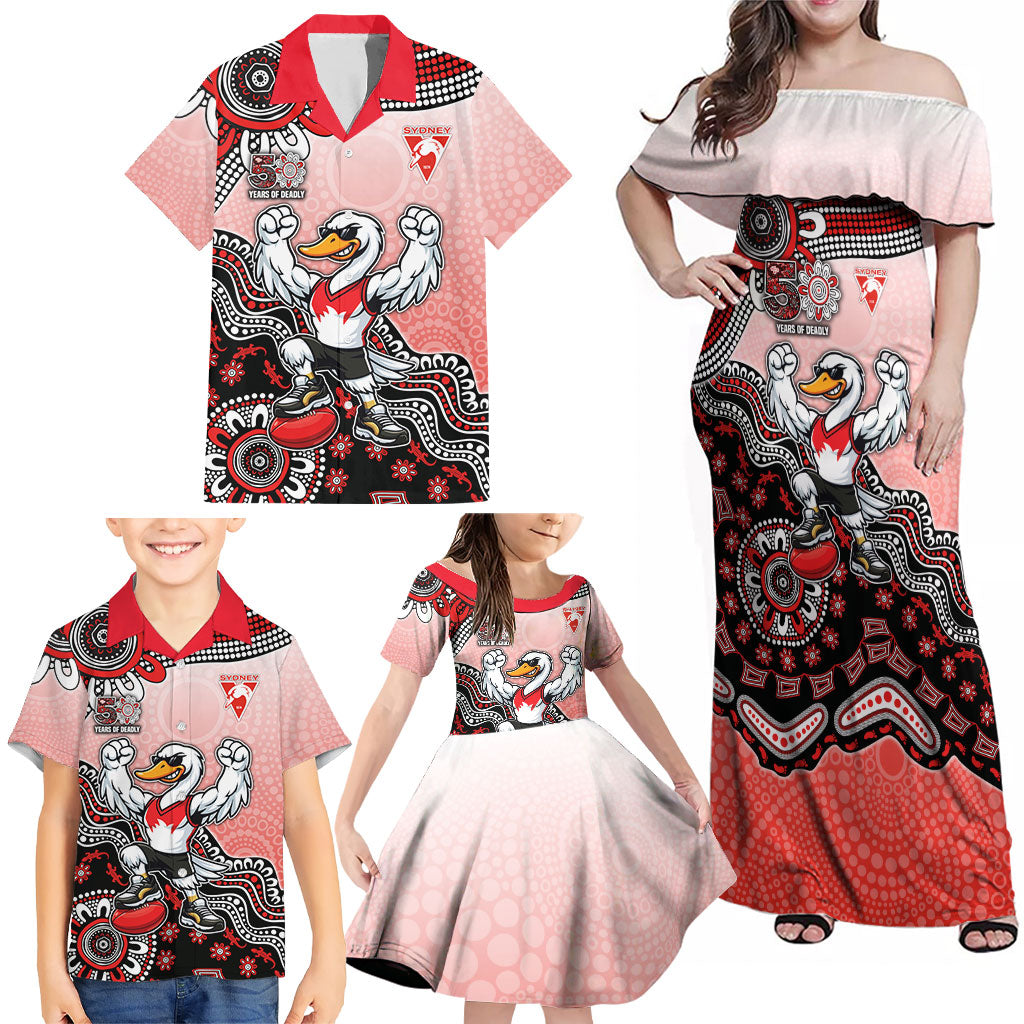 Personalized Sydney Swans Football Mascot Family Matching Off Shoulder Maxi Dress and Hawaiian Shirt Aboriginal Dot Art Style Vibrant Indigenous Pattern Design