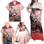 Personalized Sydney Swans Football Mascot Family Matching Off Shoulder Maxi Dress and Hawaiian Shirt Aboriginal Dot Art Style Vibrant Indigenous Pattern Design