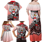 Personalized Sydney Swans Football Mascot Family Matching Off Shoulder Maxi Dress and Hawaiian Shirt Aboriginal Dot Art Style Vibrant Indigenous Pattern Design