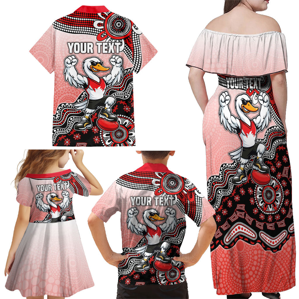 Personalized Sydney Swans Football Mascot Family Matching Off Shoulder Maxi Dress and Hawaiian Shirt Aboriginal Dot Art Style Vibrant Indigenous Pattern Design