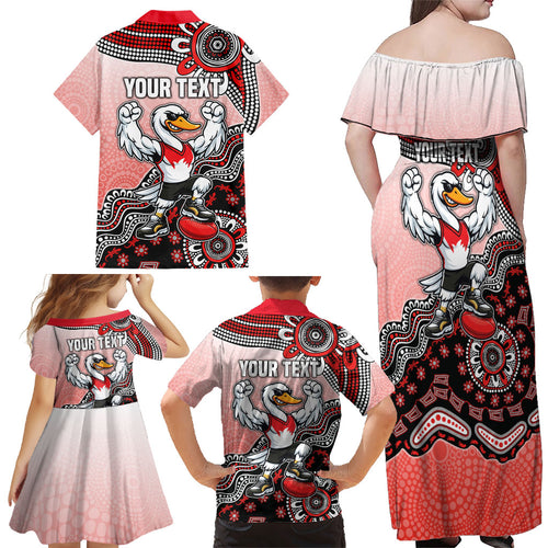 Personalized Sydney Swans Football Mascot Family Matching Off Shoulder Maxi Dress and Hawaiian Shirt Aboriginal Dot Art Style Vibrant Indigenous Pattern Design