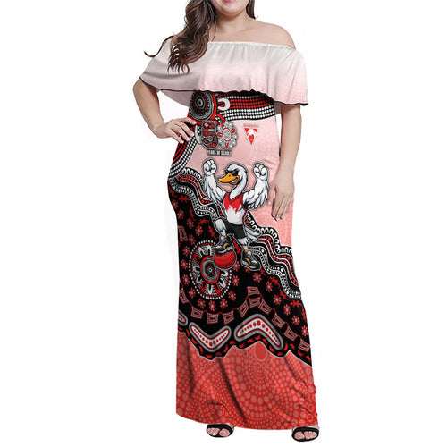 Personalized Sydney Swans Football Mascot Family Matching Off Shoulder Maxi Dress and Hawaiian Shirt Aboriginal Dot Art Style Vibrant Indigenous Pattern Design